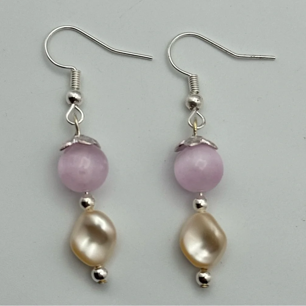 New Selenite & Swarovski Pearl Dangle Earrings Silver Tone Hooks